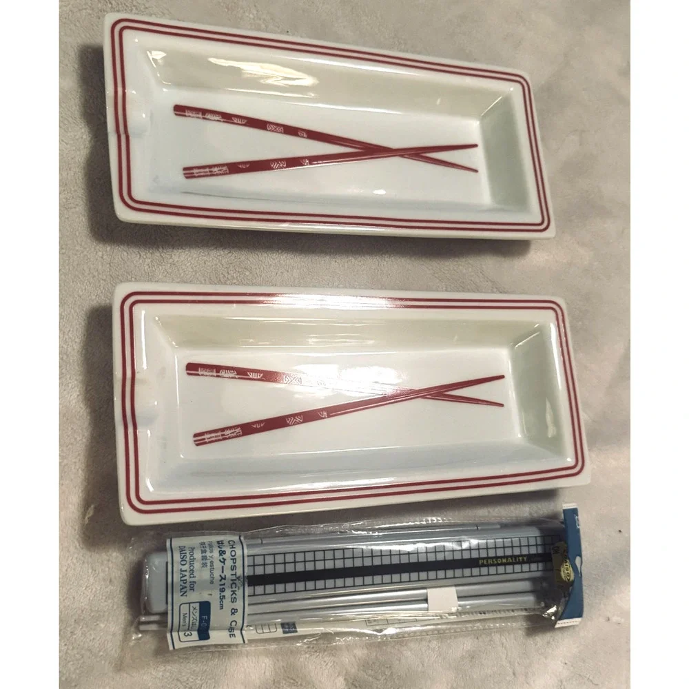 World Market‎ red white Chopstick spoon Rest dishes rectangular bonus chopsticks